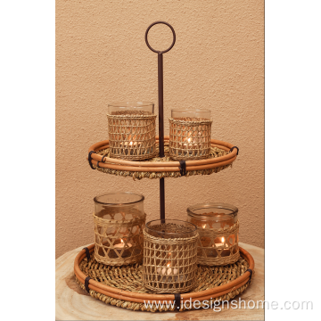 Natural Rattan and Glass Tea Light Holders